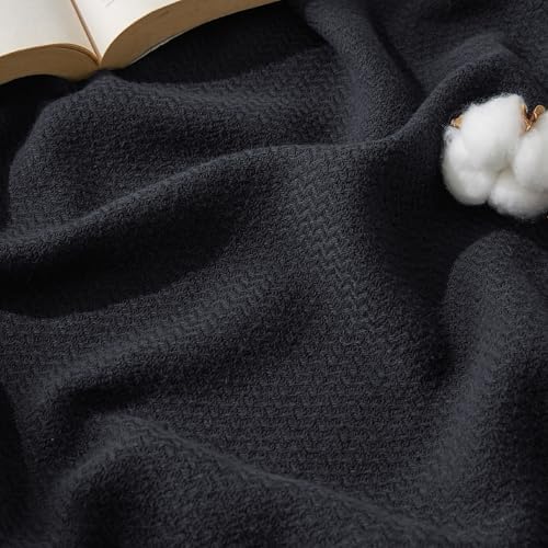 Bedsure 100% Cotton Blanket, Herringbone Weave, Full, Black by Unknown