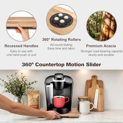 360°Rolling Tray Acacia Wood Kitchen Appliance Slider for Coffee Maker Pot - Image 4