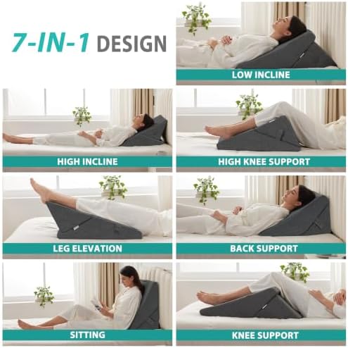 Bedluxe Wedge Pillow for Sleeping, Adjustable 9&12 Inch Foldable Bed Wedge Pillow Set, Orthopedic Memory Foam Triangle Pillows Wedge, 7-in-1 Elevated Pillows for Leg and Back Support, Dark Grey - Image 2