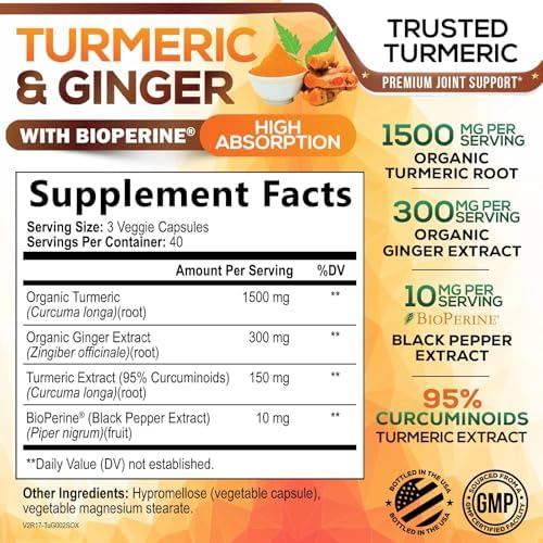 Turmeric Curcumin Supplement - 95% Curcuminoids with Organic Turmeric & Ginger, BioPerine Black Pepper Extract for Best Absorption, Natural Vegan Joint Support, Non-GMO, Bottled in USA - 120 Capsules - Image 2