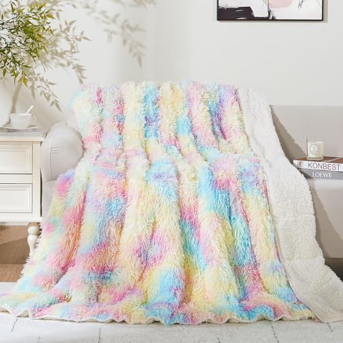 Cottonblue Faux Fur Weighted Blanket 15 lbs for Adult 48x72 Inches, Plush Shaggy Fluffy Throw Blanket Twin ​Size, Cozy Warm Furry Weighted Blanket for Couch Sofa Chair Home Decor, Rainbow by Cottonblue