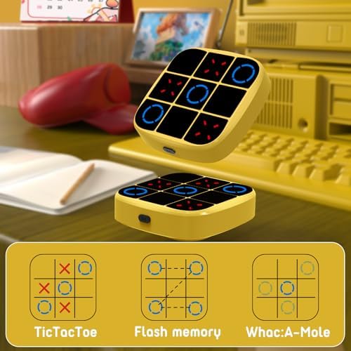 Tic-Tac-Toe Bolt Game, 4-in-1 Handheld Puzzle Games Console, Electronic Tic-Tac-Toe Game for Educational and Memory Growth, Portable Travel Games for Car Ride, Board Games for Kids and Adults (Yellow) - Image 3