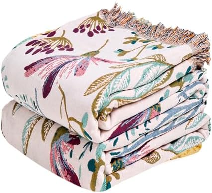 MSGKV Boho Throw Blanket 60"x80" 100% Cotton Floral Blanket for Couch Bed by MSGKVHomeTextiles
