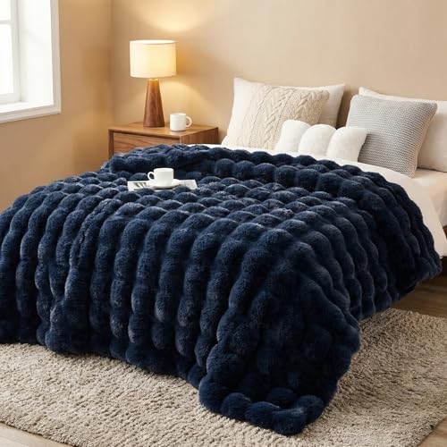DREAMNINE Soft Faux Bubble Rabbit Fur Throw Blanket for Couch, Thick Cozy Decorative Warm Fuzzy Fur Blanket for Sofa Chair Bedroom Living Room Dorm Gift, 50 * 60 Inches, Navy Blue - Image 2