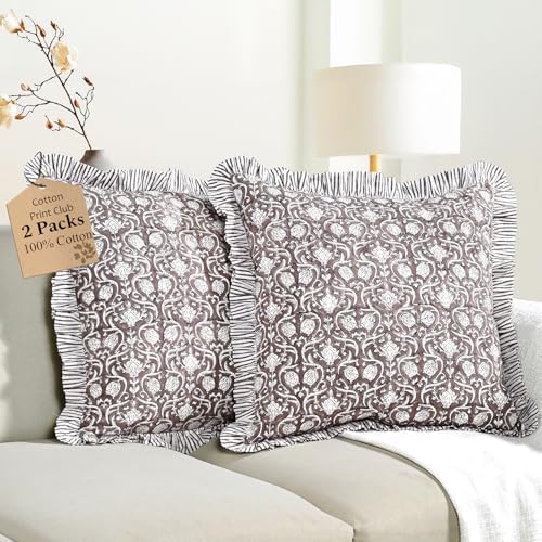 CPC Mocha Regal Hand Block Print 100% Cotton Ruffle Throw Pillow Cover 18x18 inch with Hidden Zipper Decorative for Couch, Bed, Sofa, Farmhouse, Cottagecore Decor Gift Christmas Fall Thanksgiving by COTTONPRINTCLUB
