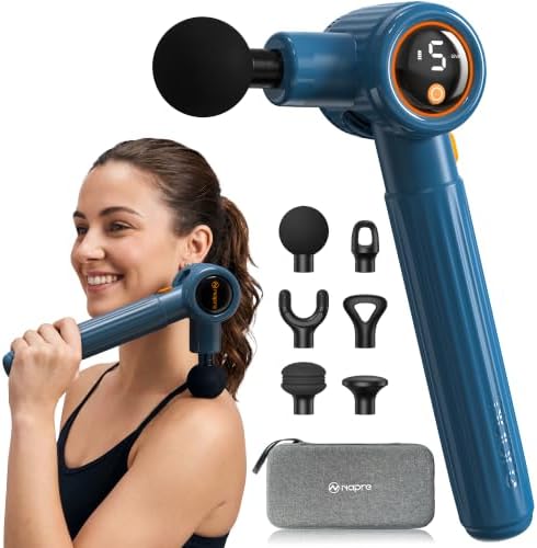 NAPRE Massage Gun with Extension Handle and 3 Adjustable Angles,Deep Tissue Back Massage for Neck/Shoulders/Waist/Legs/Body Pain Relief,Handheld Percussion Muscle Massager with Portable Case,Blue by Napre