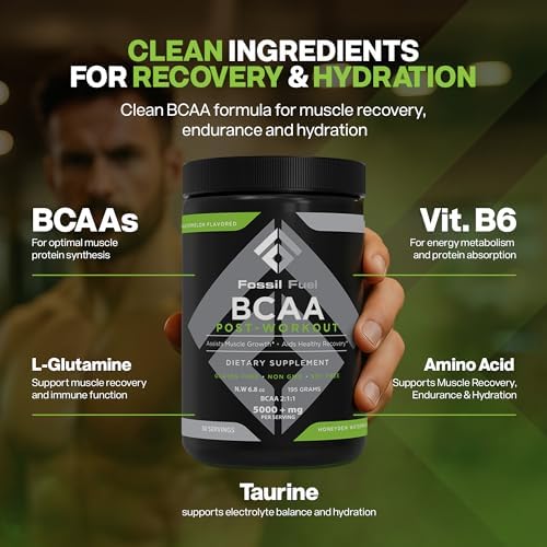 Fossil Fuel Sugar-Free BCAA Powder – Post-Workout Muscle Recovery with BCAAs, Glutamine, Vitamin B6, Amino Acids, Endurance & Hydration, Honeydew Watermelon (30 Servings) - Image 2