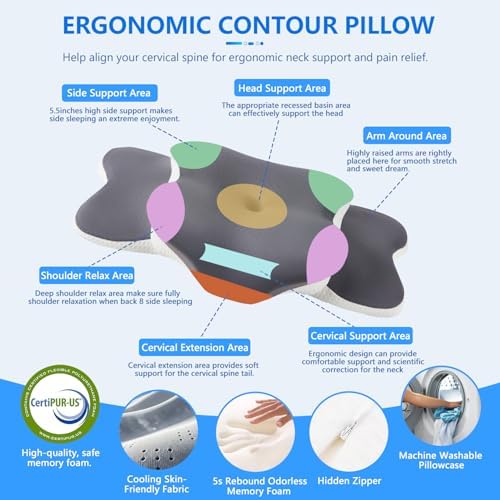 Cervical Neck Pillow for Neck Pain Relief & Side Sleeper | Ergo Pillow for Sleep Apnea, Neck Pain, and Snoring Relief | Orthopedic Memory Foam with Ergonomic Neck Support, Gray, Large - Image 4
