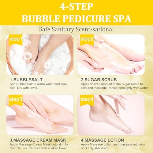 Pedicure Kit Foot Soak Set: Bubble Salt, Sugar Scrub, Massage Mask, Massage Lotion in a Box, 4 Step Foot Spa Kit for Dry Feet,Tired Feet (3 Set Milky Flower) - Image 6