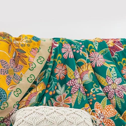 100% Muslin Cotton Throw Blanket for Bed Couch Chair, Bohemian Floral Colorful Retro Quilt Ultra Soft Reversible Gauze Blanket for All Season, 90"x98" - Image 4