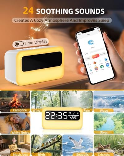 4-in-1 Night Light for Kids Adults, White Noise Sound Machine with 24 Soothing Sounds Portable Rechargeable Adjustable Brightness Light, Bluetooth Speaker Time Display, App Control - Image 5
