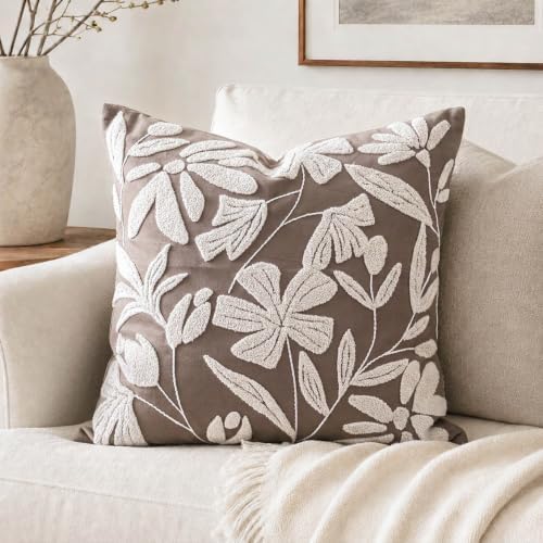 BlissBlush Decorative Throw Pillow Cover 20x20 Inch, Taupe Brown Floral Tufted Velvet Accent Pillow Case for Sofa Bed Living Room, Cover Only by BlissBlush