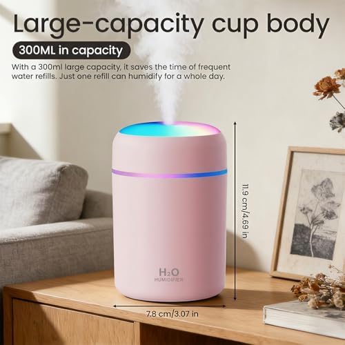 Portable Colorful Cool Mini Humidifier,Aroma Essential USB Personal Desktop Humidifier, for Bedroom, Office & Car(300ml, White) (pink) - Image 4