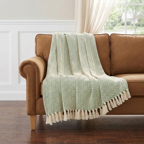 Americanflat 50x60 Throw Blanket - Soft and Breathable Cotton Throw Blanket for Couch, Bed, Chair - Decorative Blankets Perfect for Home, Office, or Outdoor Use - Sage and Beige Herringbone Design - Image 6