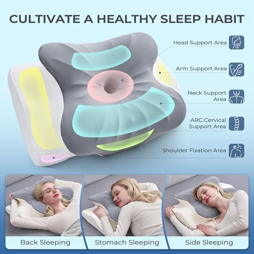 BDEUS Cervical Neck Pillow for Sleeping Ergonomic Pillow Memory Foam Pillows Side Sleeper Pillow for Neck Pain Relief Sleep Apnea Pillow Butterfly Arm Grooves Dual Height, Grey - Image 4