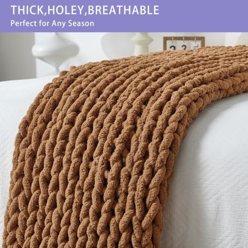 Bigacogo Chunky Knit Throw Blanket for Couch, 51x63 inches, Caramel - Image 4