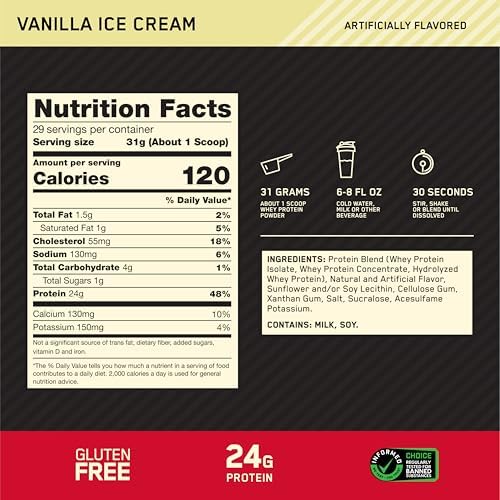 Optimum Nutrition, Gold Standard 100% Whey Protein Powder, Vanilla Ice Cream, 9.98 lb, 146 Servings - Image 4