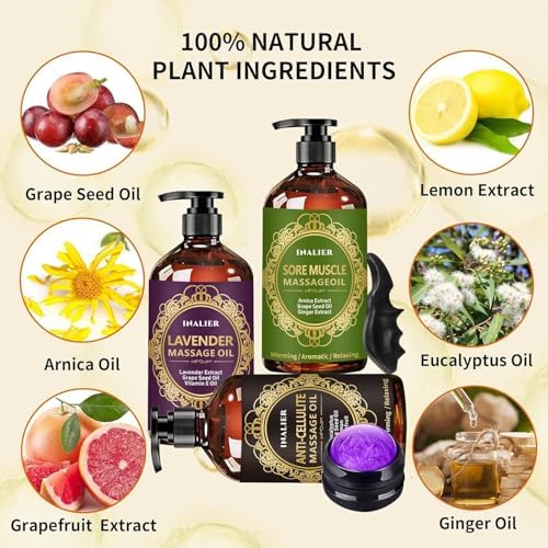 Massage Oil for Massage Therapy,3 Pack Cellulite Massage Oil,Sore Muscle Arnica Oil & Lavender Massage Body Oil with Massage Ball & Thumb Saver Tool,Mens Gifts,Birthday Gifts for Women and Men - Image 3