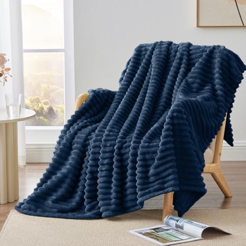 BEDELITE Ribbed Twin Blanket for Couch & Bed, Navy, 60"x80" - Image 2