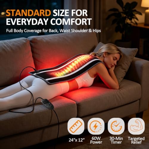 BENBER Red Light Therapy Mat for Body, 660nm & 850nm Infrared Light Therapy Pad, Wearable Wrap with Timer Remote Control for Back Waist Belly, Premium TPU, 60W High-Power, 24" x 12" - Image 2