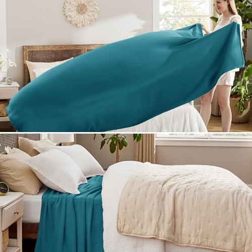 Bedsure 100% Cotton Blanket, Herringbone Weave, King, Teal - Image 4