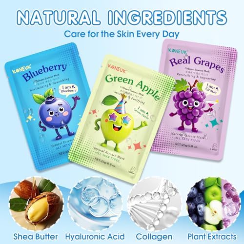KONEUK 24 Pack Fruit Kids Face Mask, Collagen Hydrating Face Masks Skincare - Image 3