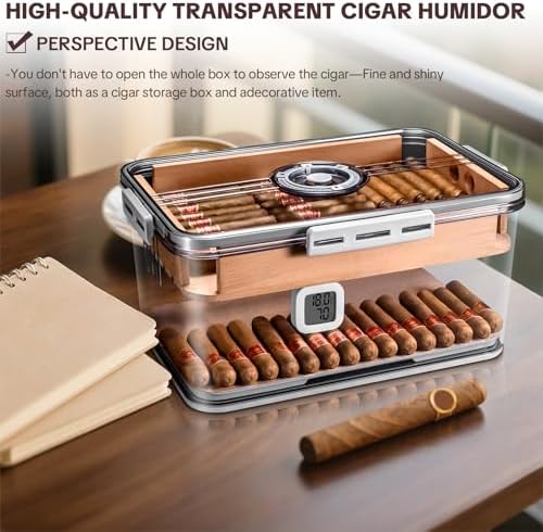 Cigar Humidor, Transparent Humidor Box with Humidifier and Hygrometer, Desktop Cigar Humidor Box with Cedar Wood Chips, Cigar Case, Cigar Gifts for Men (large hold 100 cigars) - Image 4