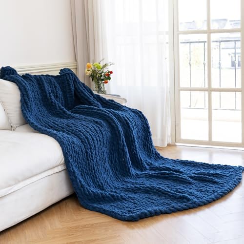 Chunky Knit Throw Blanket for Couch，60X80 Inches Deep Blue by Larexius