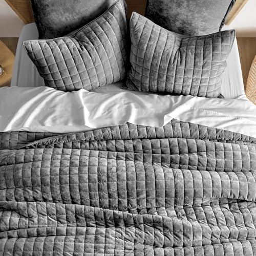 RECYCO Channel Box Stitch Velvet Quilt Set, Full Queen Size, Charcoal Gray - Image 3
