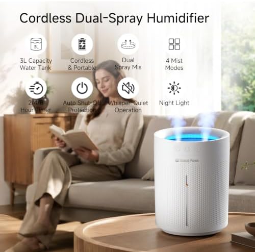 Cordless Air Humidifier for Bedroom Baby, 3L Top Fill Dual Spray Portable - Image 2