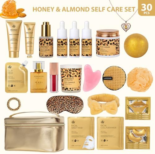 33 Pcs Mother's Day Gift, Honey & Almond Skin Care Gift Set, Spa Bath & Body Gift Basket Set for Women, Lip Gloss, Cosmetic Bag, Necklace, Christmas, Anniversary, Birthday, Valentines - Image 2
