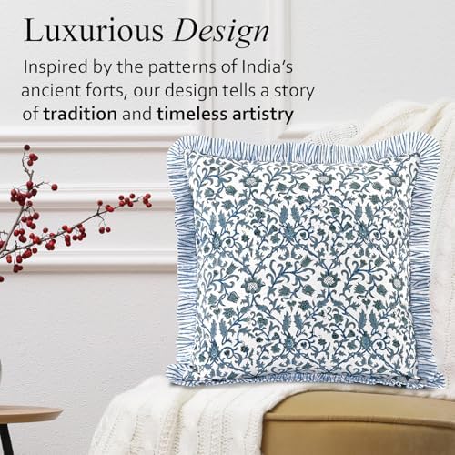 CPC Ocean Vine Hand Block Print 100% Cotton Ruffle Throw Pillow Cover 18x18 inch with Hidden Zipper Decorative for Couch, Bed, Sofa, Farmhouse, Cottagecore Decor Gift Christmas Fall Thanksgiving - Image 7