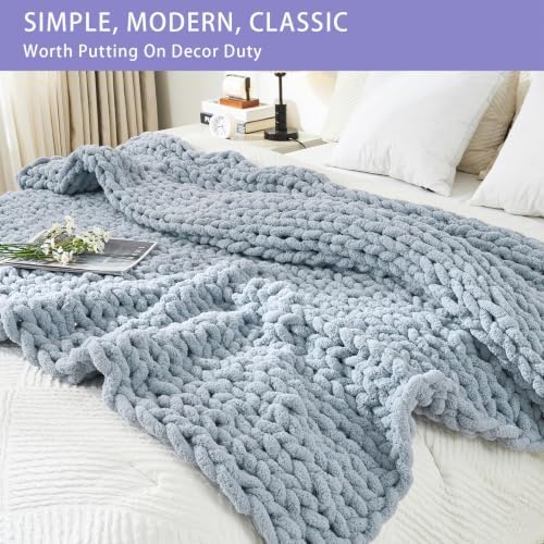 Bigacogo Chunky Knit Throw Blanket for Couch, 40x60 inches, Fog Blue - Image 3