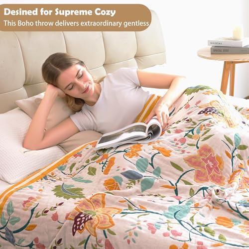 VANJOROY Boho Throw Blanket for Bed, 100% Organic Cotton Breathable Ultra Soft 50" x 60" Quilt Beige Throw - All Season Floral Farmhouse Decor Luxury Reversible Blanket for Sofa Couch Chair and Gift - Image 5