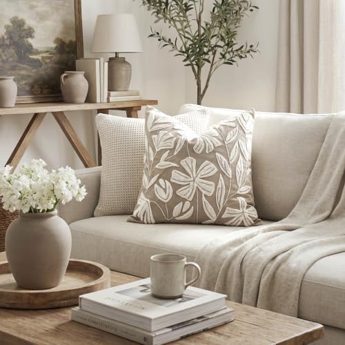 BlissBlush Decorative Throw Pillow Cover 20x20, Light Taupe Velvet Accent Cushion Cover for Couch Sofa Living Room, Floral Tufted Square Pillowcase (Cover Only) - Image 4