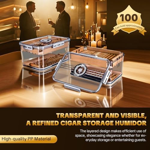 Cigar Humidor, Transparent Humidor Box with Humidifier and Hygrometer, Desktop Cigar Humidor Box with Cedar Wood Chips, Cigar Case, Cigar Gifts for Men (large hold 100 cigars) - Image 2