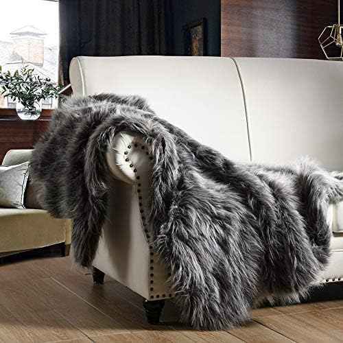 Luxury Faux Fur Throw Blanket, Grey and Black High Pile Mixed Throw Blanket, Super Warm, Fuzzy, Elegant, Fluffy Decoration Blanket Scarf for Sofa, Couch and Bed, 50''x 60'' by HORIMOTEHOME