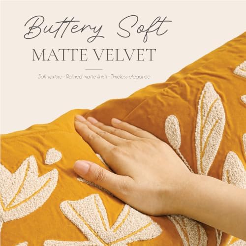 BlissBlush Long Lumbar Pillow Cover 14x36 for Bed, Mustard Floral Tufted Velvet Accent Oversize Throw Pillowcase for Bedroom, Cover Only - Image 4