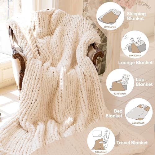 Chunky Knit Throw Blanket for Couch，60X80 Inches Cream - Image 4