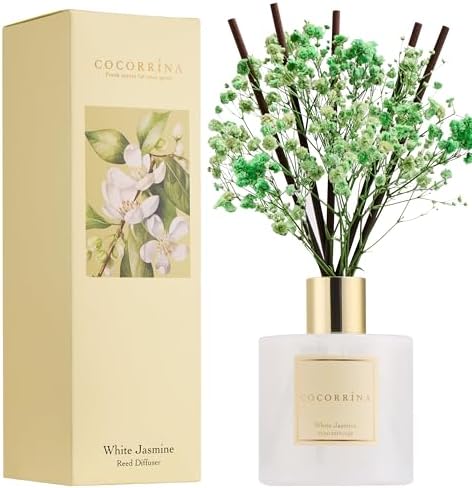 COCORRÍNA Reed Diffuser - White Jasmine 6.7 Fl.oz Reed Diffuser Set with Sticks & Preserved Baby's Breath, Reed Diffuser for Home Bathroom Shelf Decor by COCORR%C3%8DNA