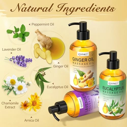 3 Pack Massage Oil Set for Massage Therapy,Ginger,Lavender & Eucalyptus Mint Essential Oils for Relaxation and Muscle Care,Aromatherapy Body Oil with Massage Ball Tool,Spa Kit for Women & Men - Image 4