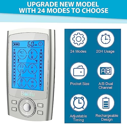 Belifu Dual Channel TENS EMS Unit 24 Modes Muscle Stimulator for Pain Relief Therapy, Electronic Pulse Massager Muscle Massager with 10 Pads, Dust-Proof Drawstring Storage Bag, Fastening Cable Ties - Image 4