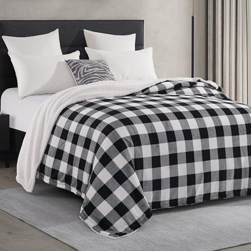 Elegant Comfort Ultra Soft Reversible Buffalo Plaid Flannel Sherpa Blanket - Cozy Silky Checkered Fleece Throw for Couch, Bed - Plush Fuzzy Warm Winter Blanket for Gift, Full, Black - Image 3