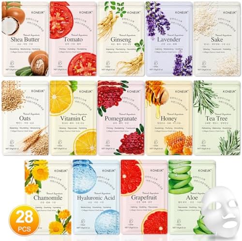 28 Pack Sheet Face Masks Skincare, Bulk Face Mask Suitable for Dry Skin by KONEUK