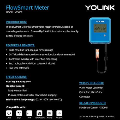 YoLink FlowSmart NSF Water Meter, Smart Water Usage Monitor and Water Leak Detection: 0.75 Inch Advanced Smart Home Water Meter, Hub Included, YS1603+YS5007 - Image 7