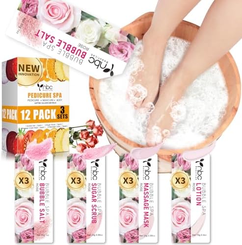 Pedicure Kit Foot Soak Set: Bubble Salt, Sugar Scrub, Massage Mask, Massage Lotion in a Box, 4 Step Foot Spa Kit for Dry Feet, Softens Calluses, Soothes Sore, Tired Feet（3 Set Rose by nbcBeautiLab