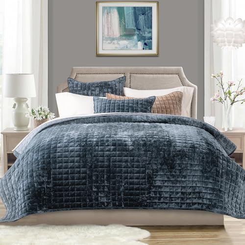 RECYCO Channel Box Stitch Velvet Quilt Set, Full Queen Size, Stormy Blue - Image 2