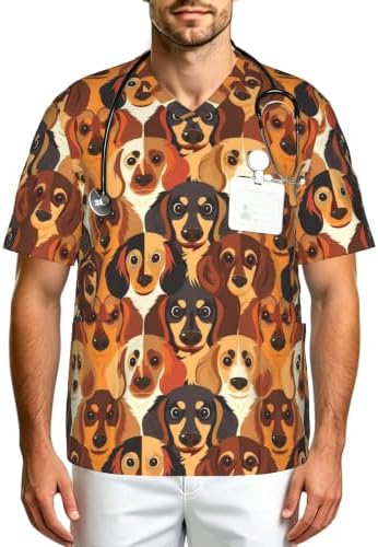 Men's Scrub Top,V-Neck Spill Wrinkle Resistant,3 Pockets-Funny Dachshund (4) by Unknown