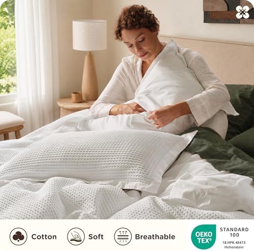 Bedsure PureWoven 3 Pieces 100% Cotton Waffle Weave Duvet Cover Set, White - Image 3