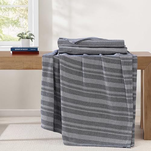 Tommy Hilfiger - Twin Cotton Blanket, Fade Resistant Yarn-Dyed Cotton Bedding, Medium Weight Soft Blanket, Ideal for Layering, Oeko-TEX Certified (Harbor Stripe Navy) - Image 3